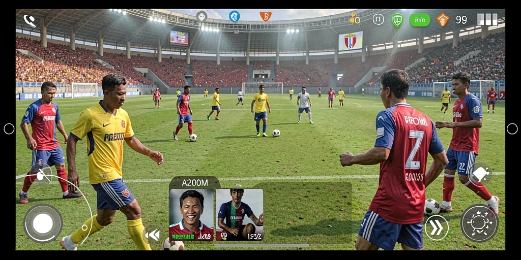 Tangkapan layar A200M menampilkan aksi seru di lapangan sepak bola.