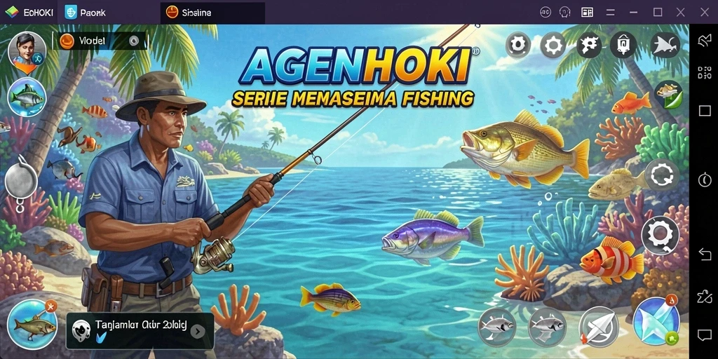 Screenshot utama AGENHOKI menampilkan momen seru saat memancing.