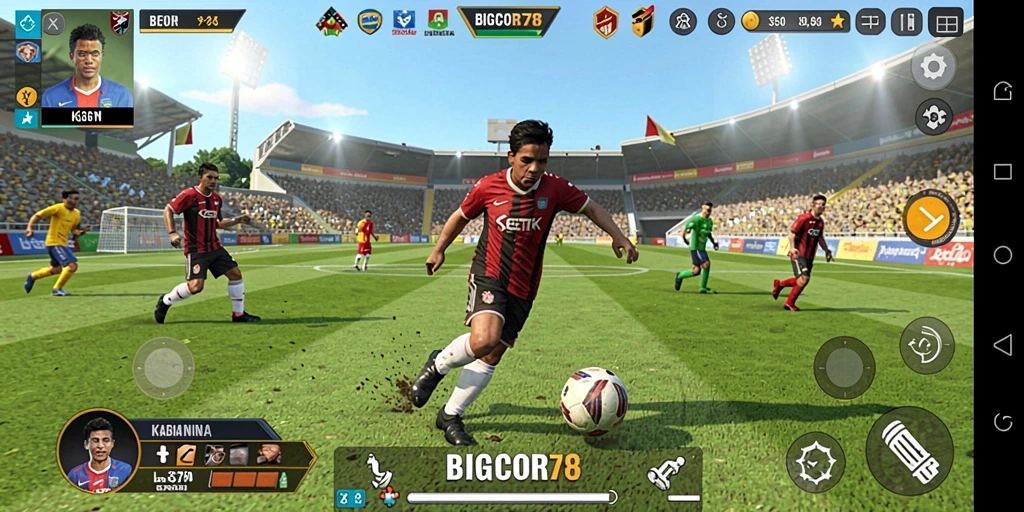 Tangkapan layar gameplay BIGCOR78 menampilkan pertandingan sepak bola yang mendebarkan.