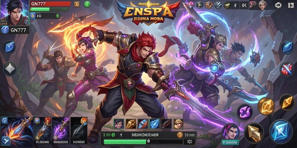 Tampilan gameplay seru di GN777 saat pertarungan MOBA berlangsung.