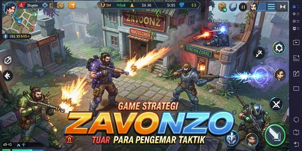 Screenshot utama ZAVONZO menampilkan aksi pertempuran taktis yang mendebarkan.